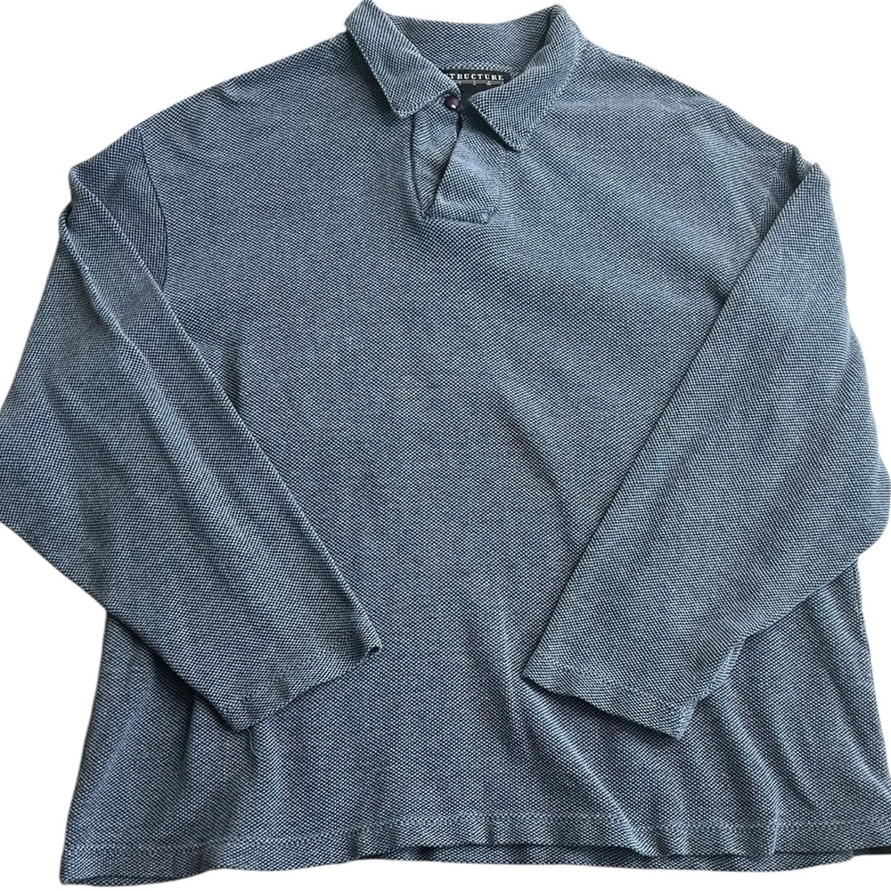 Vintage Structure‎ Long Sleeve Polo Shirt L Gray Textured Knit 100% Cotton